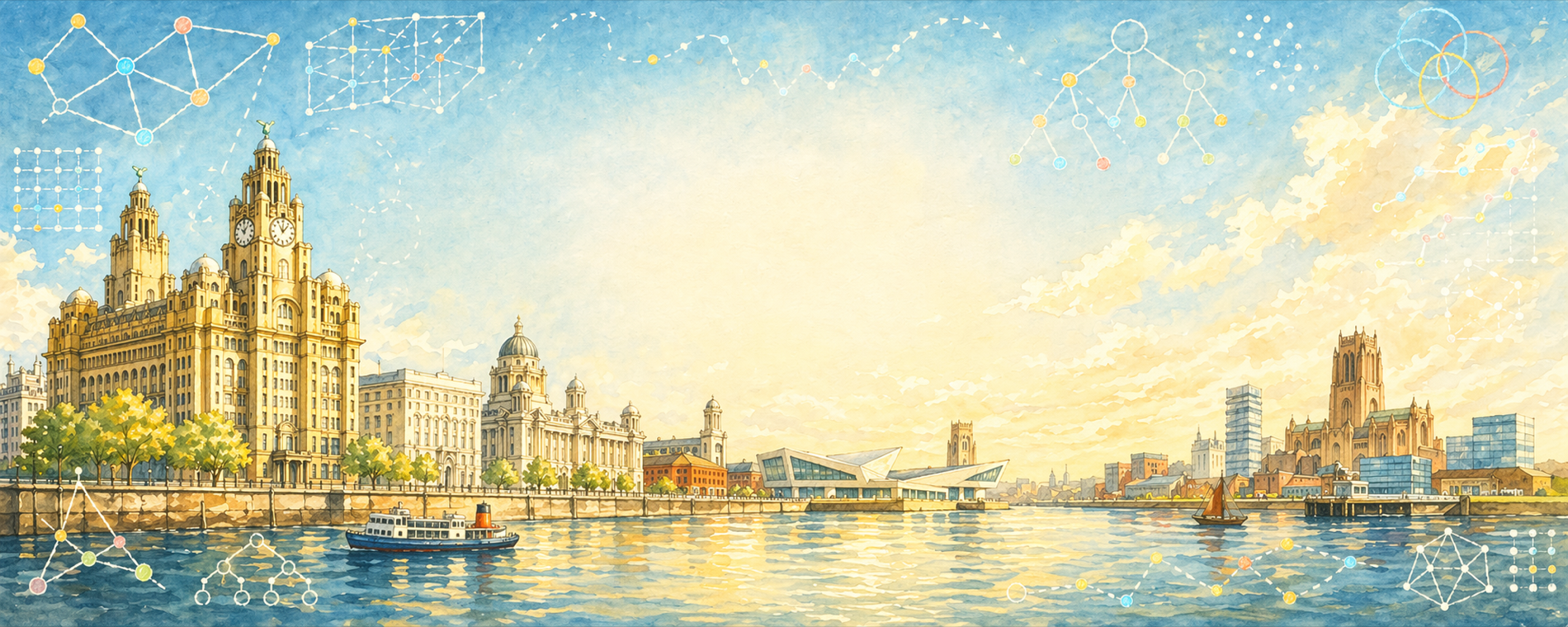 Hand-drawn Liverpool skyline with discrete mathematics motifs